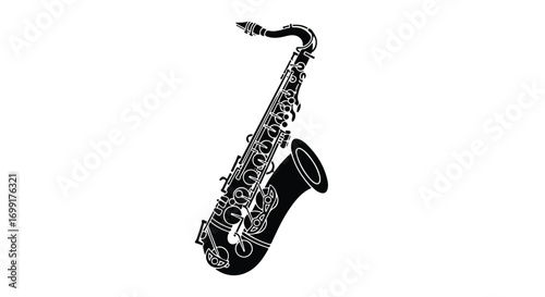 Monochrome saxophone vector illustration displaying musical instrument design elements and classic aesthetic rendering of jazz culture