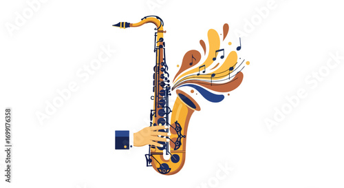 Vibrant musicality: an illustration showcasing a saxophone in action with dynamic music notes and artistic flourishes that create harmony