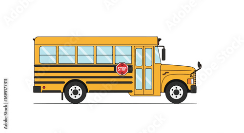 Detailed yellow school bus illustration on white background showcasing transportation and education featuring stop sign for safety reminder