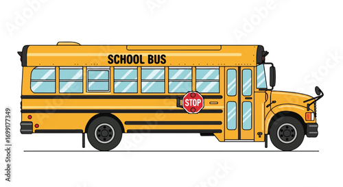 Illustration of classic yellow school bus with safety features, ready to transport children to educational adventures and activities
