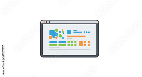 Illustration of a computer screen displaying a dashboard with colorful graphic elements and simple interface design showcasing diverse data points