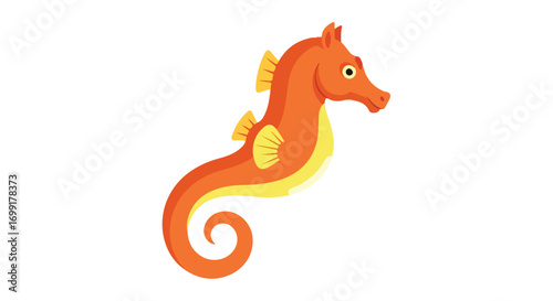 Cartoon seahorse illustration with a unique orange body and yellow accents, showcasing its distinctive curved tail and features for children's