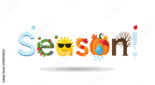 Creative depiction of the four seasons with playful cartoon lettering and seasonal elements