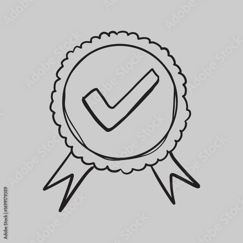 Hand-drawn doodle style badge with a checkmark and ribbons, symbolizing quality, approval, or completion on a gray background.