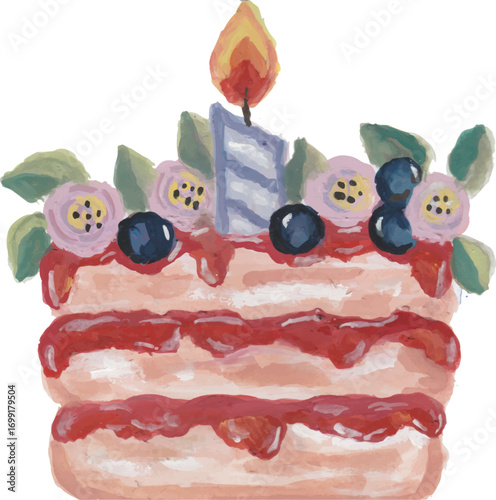 Watercolor Birthday Cake with Candle and Berries