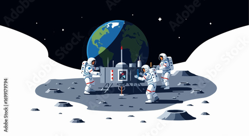 Astronauts on the moon exploring space with earth in the background mission and space exploration art vector