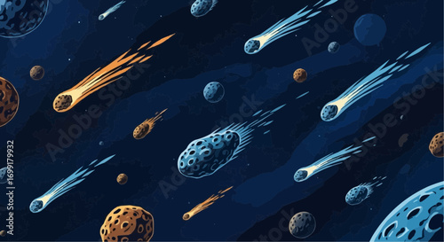 Explore outer space with meteor shower and planets in cosmic background vector illustration art design vector