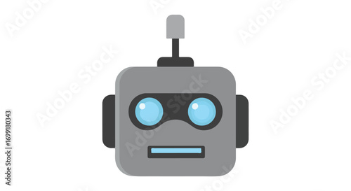 Friendly robot face illustration with simplistic design and muted color palette isolated against a clean white backdrop