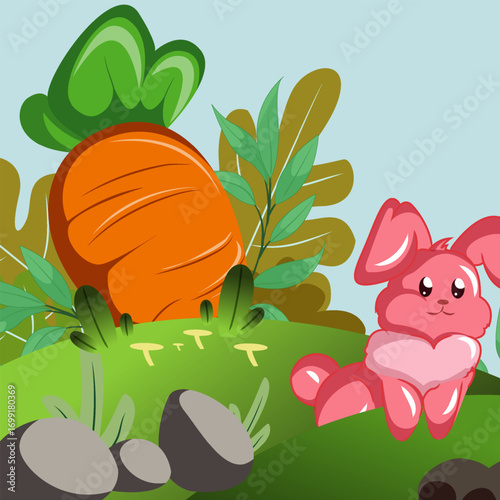 Cute Rabbit with Carrot Background Flat Illustration