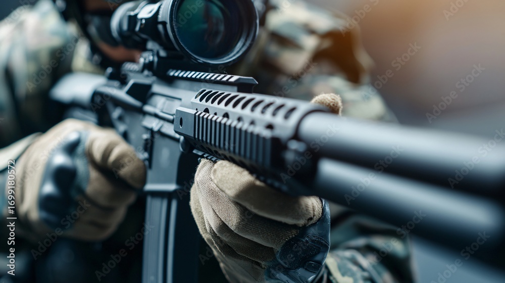 Fototapeta premium Close up macro of soldier hands cleaning weapon system barrel with maintenance kit.