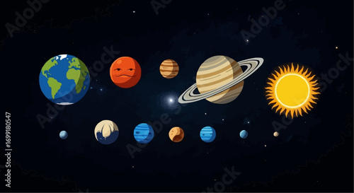 Explore the solar system planets illustration cosmic journey through space and astronomical bodies depiction vector