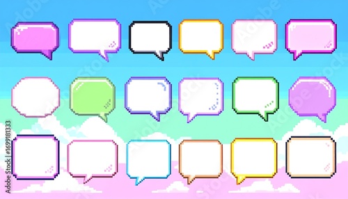 Pixel art speech bubbles in various colors