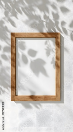 Wallpaper Mural Empty vertical light oak wood picture frame with natural dappled leaf shadows cast across its surface. Torontodigital.ca