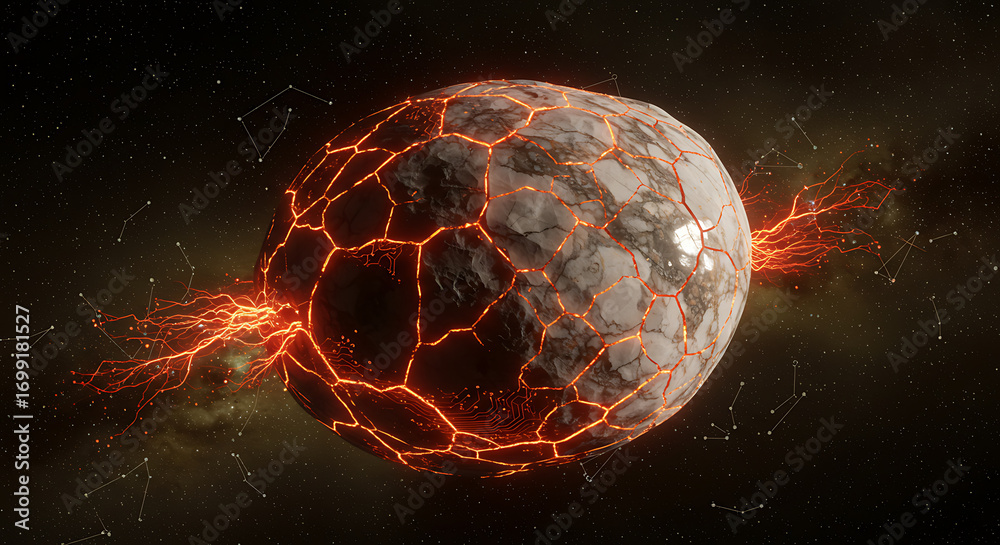 Fototapeta premium Fiery energy erupting from a fractured planet in a stunning cosmic display of celestial power