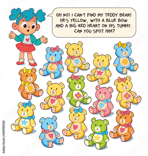 Cute visual puzzle for kids. Help the girl find her missing teddy bear. He yellow with a blue bow and a red heart. A fun and colorful activity for attention and logic development.