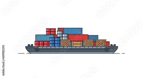 Illustration of a cargo ship transporting shipping containers, wooden crates and metal barrels across water, isolated on a clean white backdrop