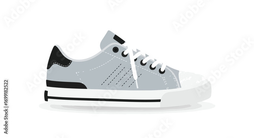 Graphic illustration of a gray sneaker with white laces, positioned on a white background showcasing its design and construction style