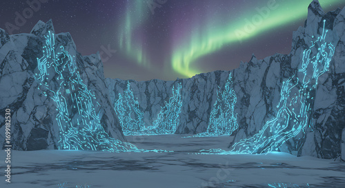Futuristic digital aurora illuminates icy canyons under starry Arctic sky