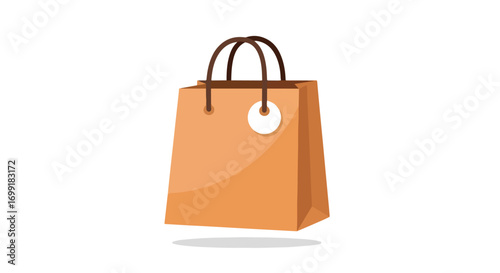 Isolated illustration of a shopping bag with brown handles and a white tag depicting retail therapy representing consumerism and shopping trend