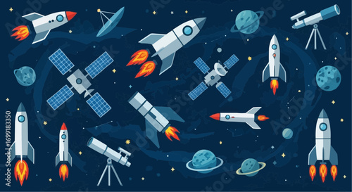 Explore the universe with rockets satellites and telescopes a vector illustration of space exploration theme vector