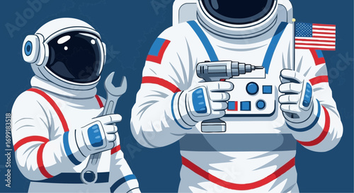 Astronauts working in space illustration, space exploration and space travel concept, spacewalk, usa flag vector