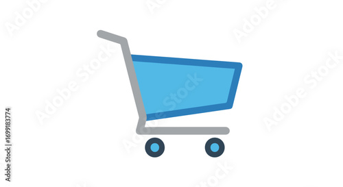 Simple blue shopping cart icon illustrating retail and consumerism trends online concept