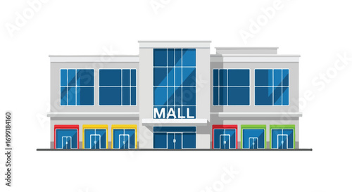 Stylized Shopping Center Illustration with Multiple Stores and Large Window Facade for Retail Business Promotions