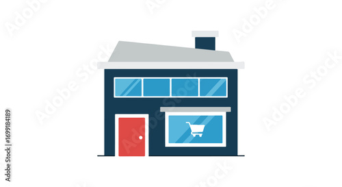 Modern store front with shopping cart icon in the window offers retail and local buying options with a sleek design suitable for various store types