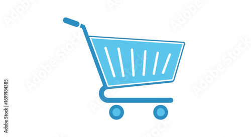 Minimalistic shopping cart in light blue tones conveys concepts of e-commerce and retail solutions