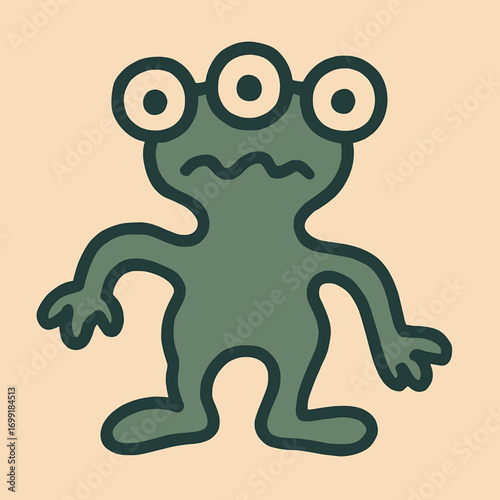 Flat vector illustration of a clumsy alien with three eyes and uneven limbs