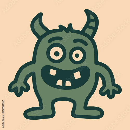 Flat vector illustration of a silly monster with uneven horns and mismatched teeth