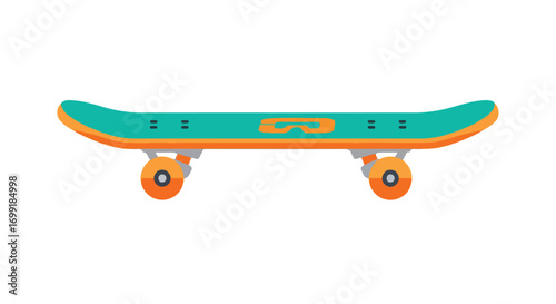 A vibrant turquoise and orange skateboard, angled to show all components for visual appeal and clear understanding of its structure