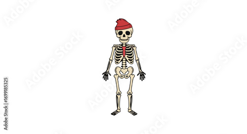 Cartoon skeleton with red hat standing on a white background conveying death and macabre themes, spooky seasonal skeleton illustration suitable for