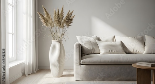 Serene Living Room corner showcasing a textured sofa with plush cushions and a minimalist floor vase filled with dried Pampas Grass near a sunlit window.