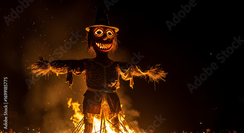 Scary scarecrow burning in flames at night with a smiling face.