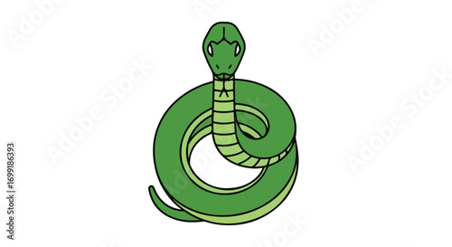 Green Serpent Coiled with Black Outline on White Backdrop Depicting Reptilian Majesty and Artistic Simplicity