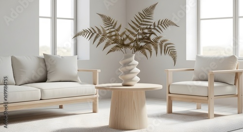 A tranquil living space featuring comfortable cream sofas, natural wood armchairs, and a unique textured vase holding a dried fern arrangement, illuminated by soft daylight through large windows.