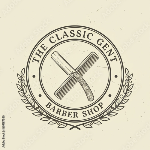 Vintage emblem logo for a barbershop named The Classic Gent. A detailed line art illustration of a vintage razor and comb, enclosed in a circular seal with the brand name. 