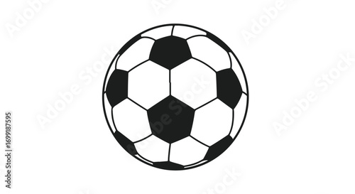 Classic soccer ball illustration featuring a pattern of black pentagons and white hexagons on a clean white background