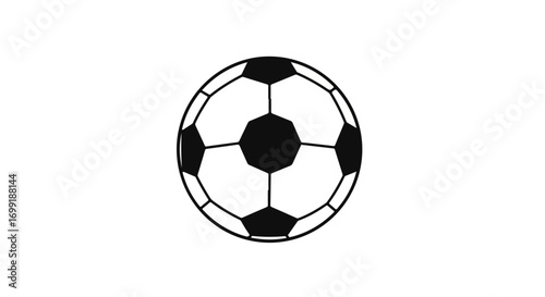 Classic black and white soccer ball illustration showcasing the iconic pentagon and hexagon pattern, suitable for sports themes and graphic designs