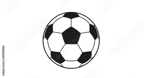 Monochrome soccer ball illustration with classic pentagon and hexagon pattern isolated against a plain white backdrop showing action