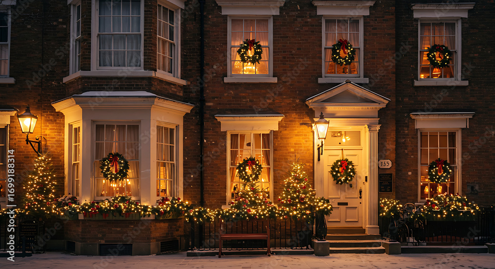 Obraz premium Festive Townhouse Facade Adorned with Christmas Wreaths and Warm Lighting.