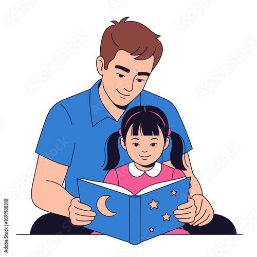 Father reading a book to his daughter, vector illustration.