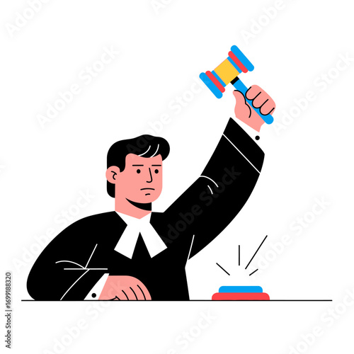 Judge striking gavel, illustration of a judge in action.