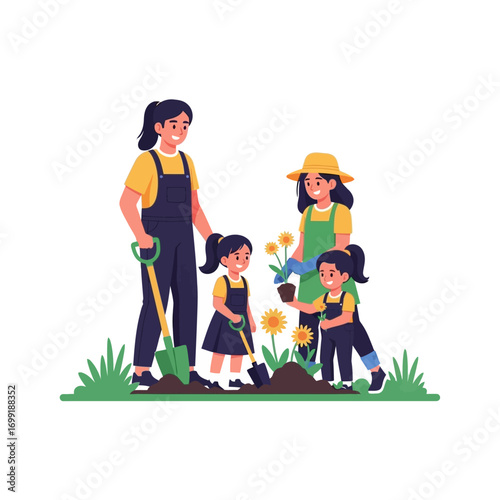 A happy family of two adults and two children enjoying gardening together, planting flowers and digging in the soil.