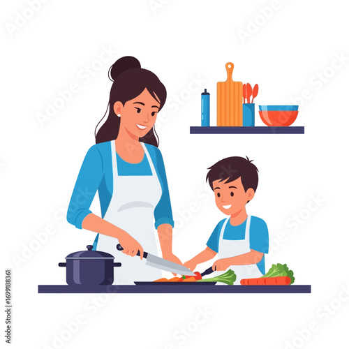 A mother and son are in the kitchen, preparing food together, cutting vegetables with knives.