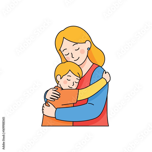 Illustration of a mother hugging her child with love and affection.