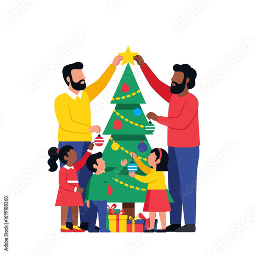 Two same-sex male couples decorating a Christmas tree with their children.