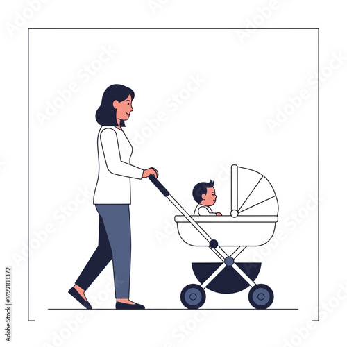 Mother strolling with her baby in a stroller.