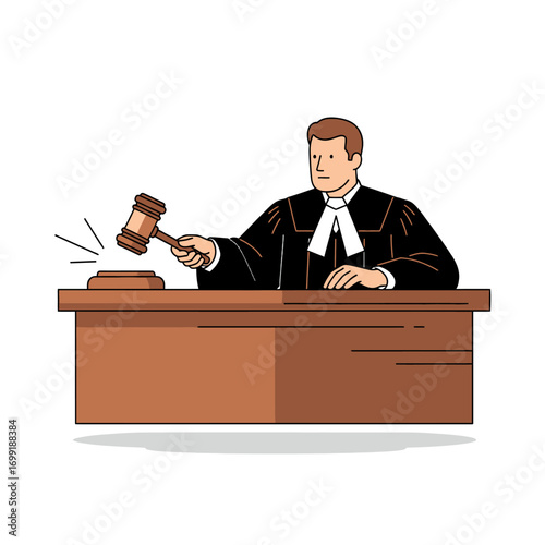Illustration of a judge in a robe holding a gavel at a desk.